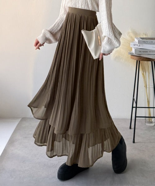 日本代購|classicalelf classicalelf(クラシカルエルフ) ロング スカート 「10月下旬再入荷」ゆらりシルエットなびく。プリーツシアーティアードスカート【ブラック / M】|ZOZOTOWN