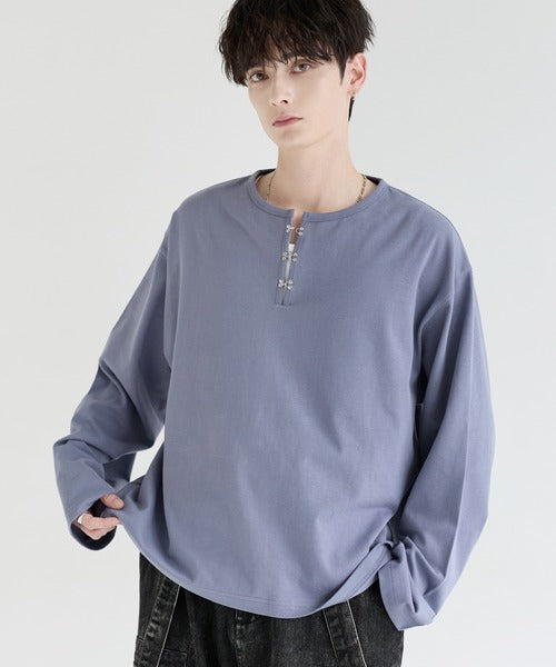 日本代購|LILL LILL(リル) ヘンリーネック tシャツ シルバーパーツヘビーウエイトコットンヘンリーネックロングスリーブカットソー メンズ レディース【ブラック / XL】|ZOZOTOWN