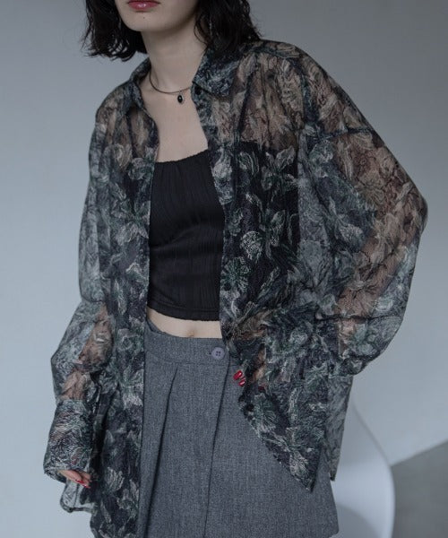 日本代購|未知 襯衫 - 復古花卉圖案蕾絲透視襯衫|ZOZOTOWN