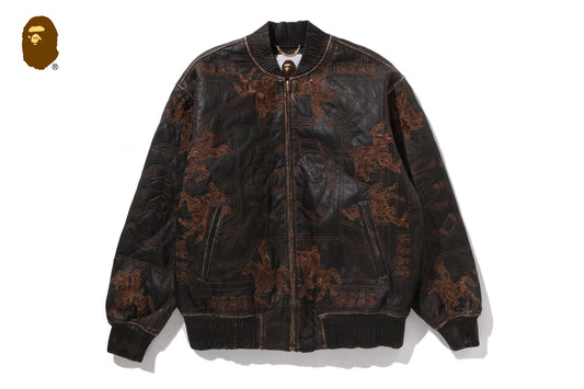 BAPE MULTI LOGO QUILTED LEATHER BOMBER JACKET
