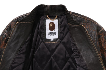 BAPE MULTI LOGO QUILTED LEATHER BOMBER JACKET