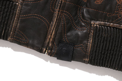 BAPE MULTI LOGO QUILTED LEATHER BOMBER JACKET