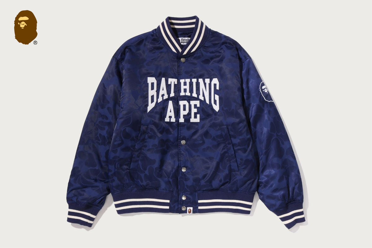 BAPE SOLID CAMO NYLON JACQUARD VARSITY JACKET