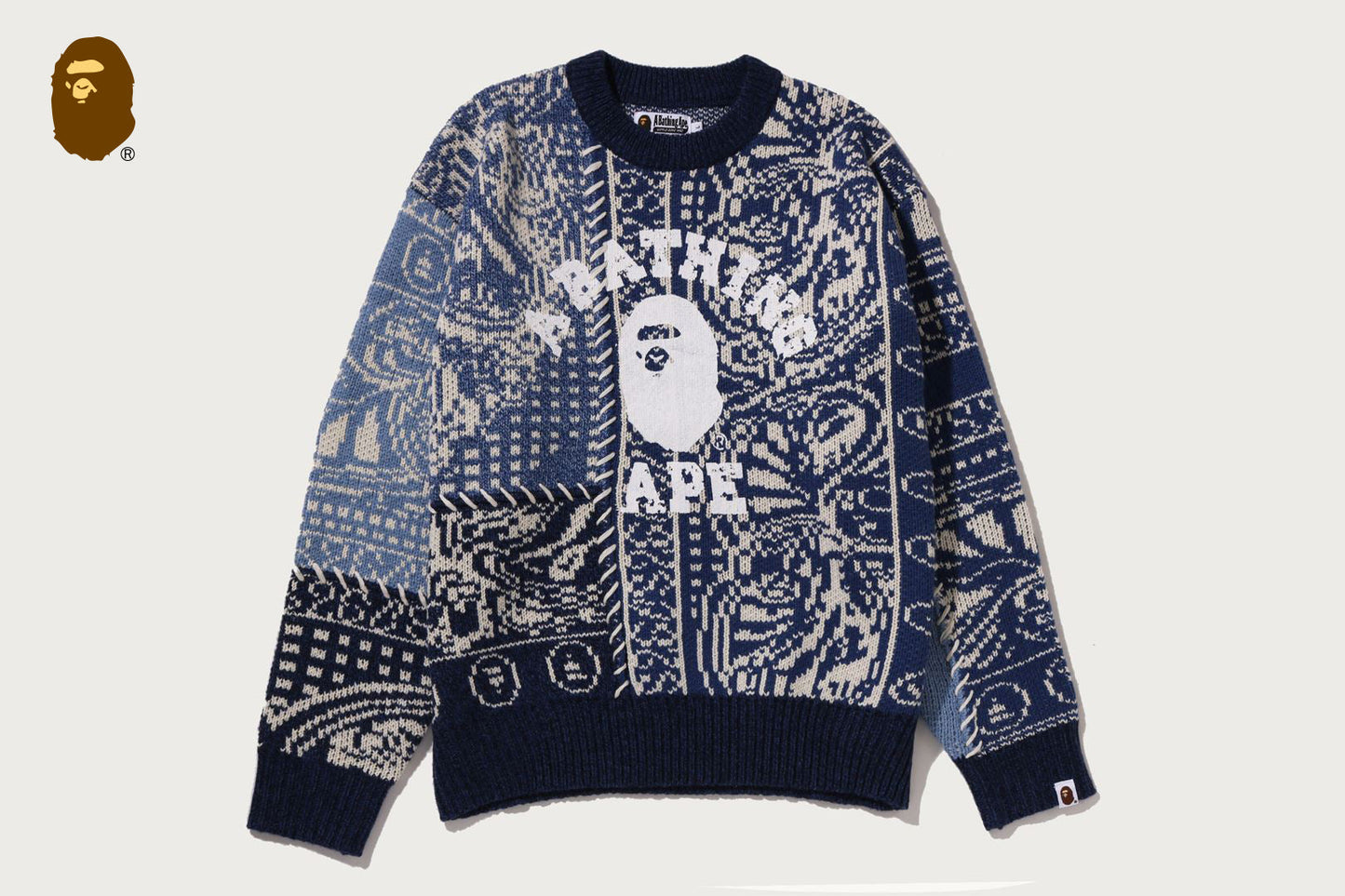 BAPE PAISLEY PATTERN COLLEGE KNIT CREWNECK SWEATSHIRT