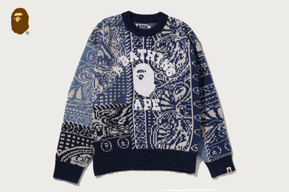 BAPE PAISLEY PATTERN COLLEGE KNIT CREWNECK SWEATSHIRT