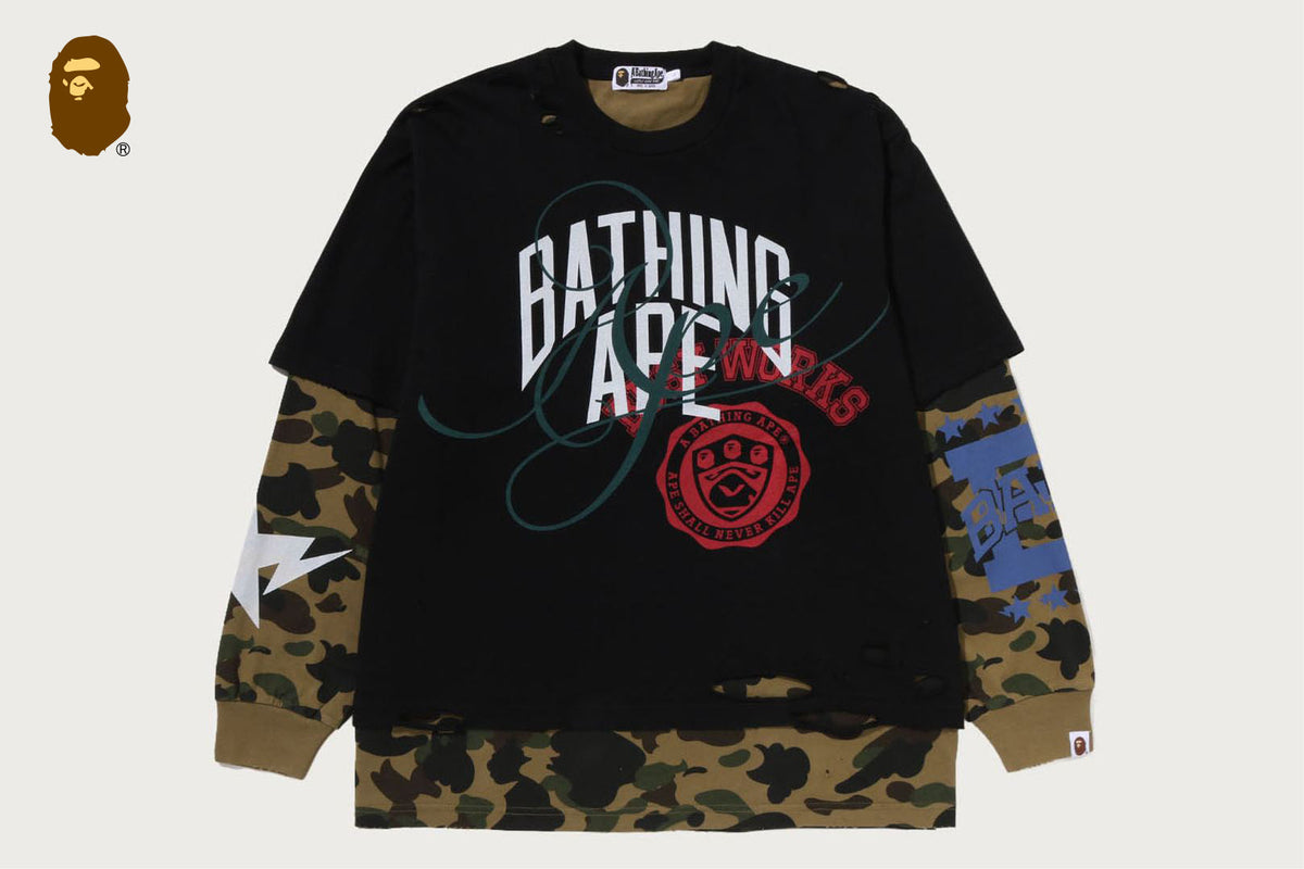 BAPE DESTROYED MULTI LOGO 2 IN 1 放鬆版型長袖T恤