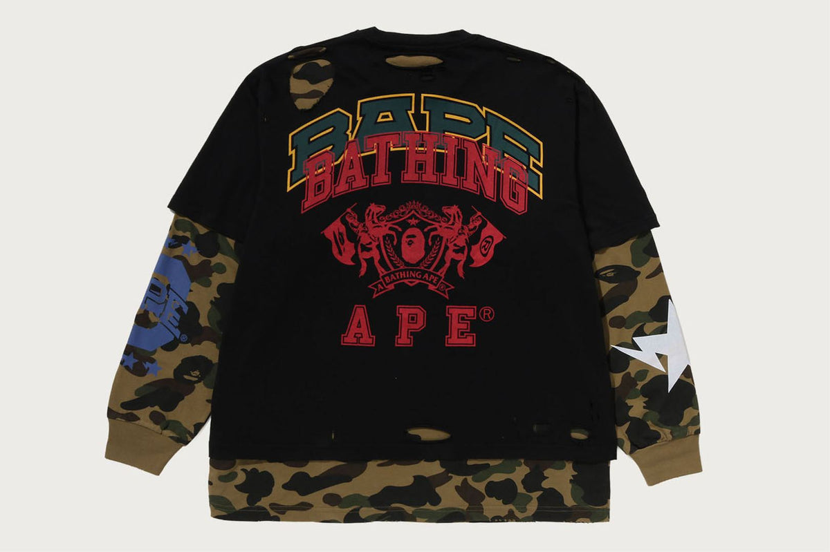BAPE DESTROYED MULTI LOGO 2 IN 1 放鬆版型長袖T恤