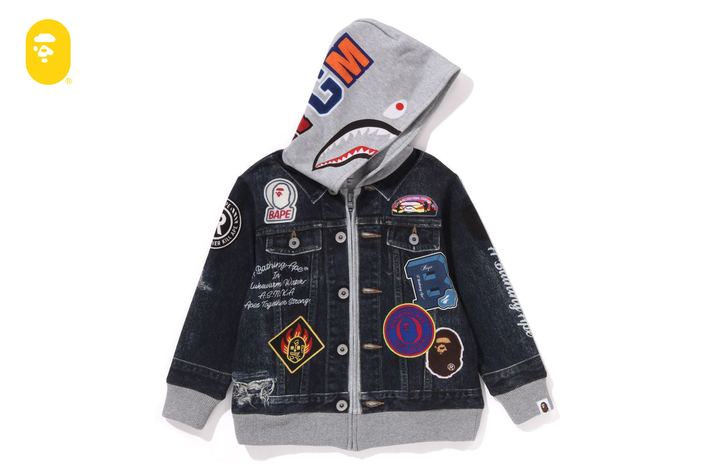 BAPE SHARK BAPE EMBLEM DENIM JACKET PRINT ZIP HOODIE