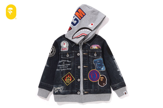 BAPE SHARK BAPE EMBLEM DENIM JACKET PRINT ZIP HOODIE