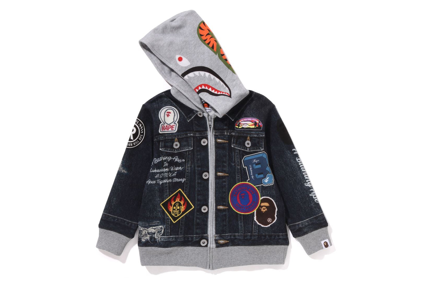 BAPE SHARK BAPE EMBLEM DENIM JACKET PRINT ZIP HOODIE