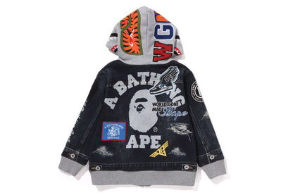 BAPE SHARK BAPE EMBLEM DENIM JACKET PRINT ZIP HOODIE