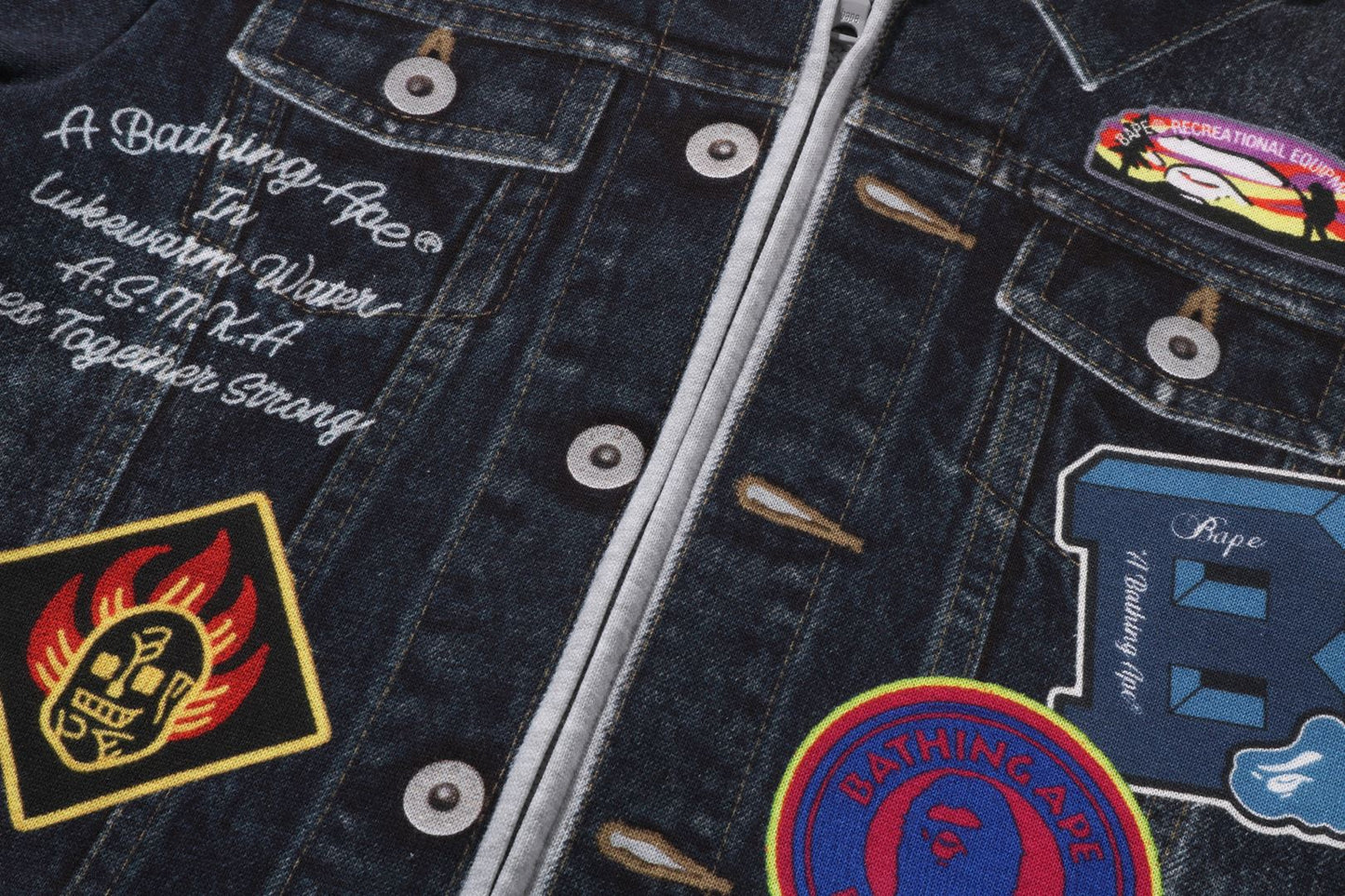 BAPE SHARK BAPE EMBLEM DENIM JACKET PRINT ZIP HOODIE