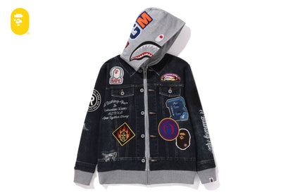 BAPE SHARK BAPE EMBLEM DENIM JACKET PRINT ZIP HOODIE