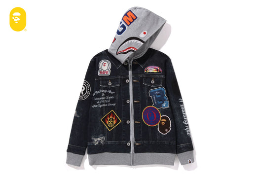 BAPE SHARK BAPE EMBLEM DENIM JACKET PRINT ZIP HOODIE