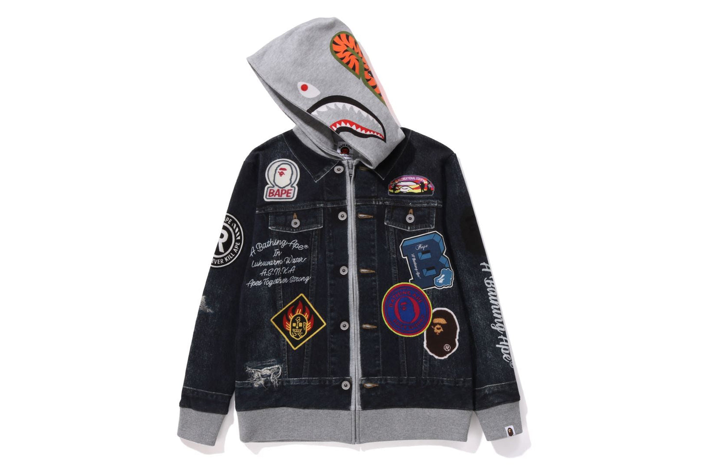 BAPE SHARK BAPE EMBLEM DENIM JACKET PRINT ZIP HOODIE