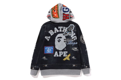 BAPE SHARK BAPE EMBLEM DENIM JACKET PRINT ZIP HOODIE