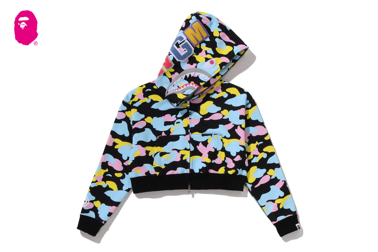BAPE NEW MULTI CAMO SHARK CROPPED FULL ZIP HOODIE