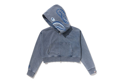 BAPE HEAVY WASHED INDIGO SHARK CROPPED FULL ZIP HOODIE