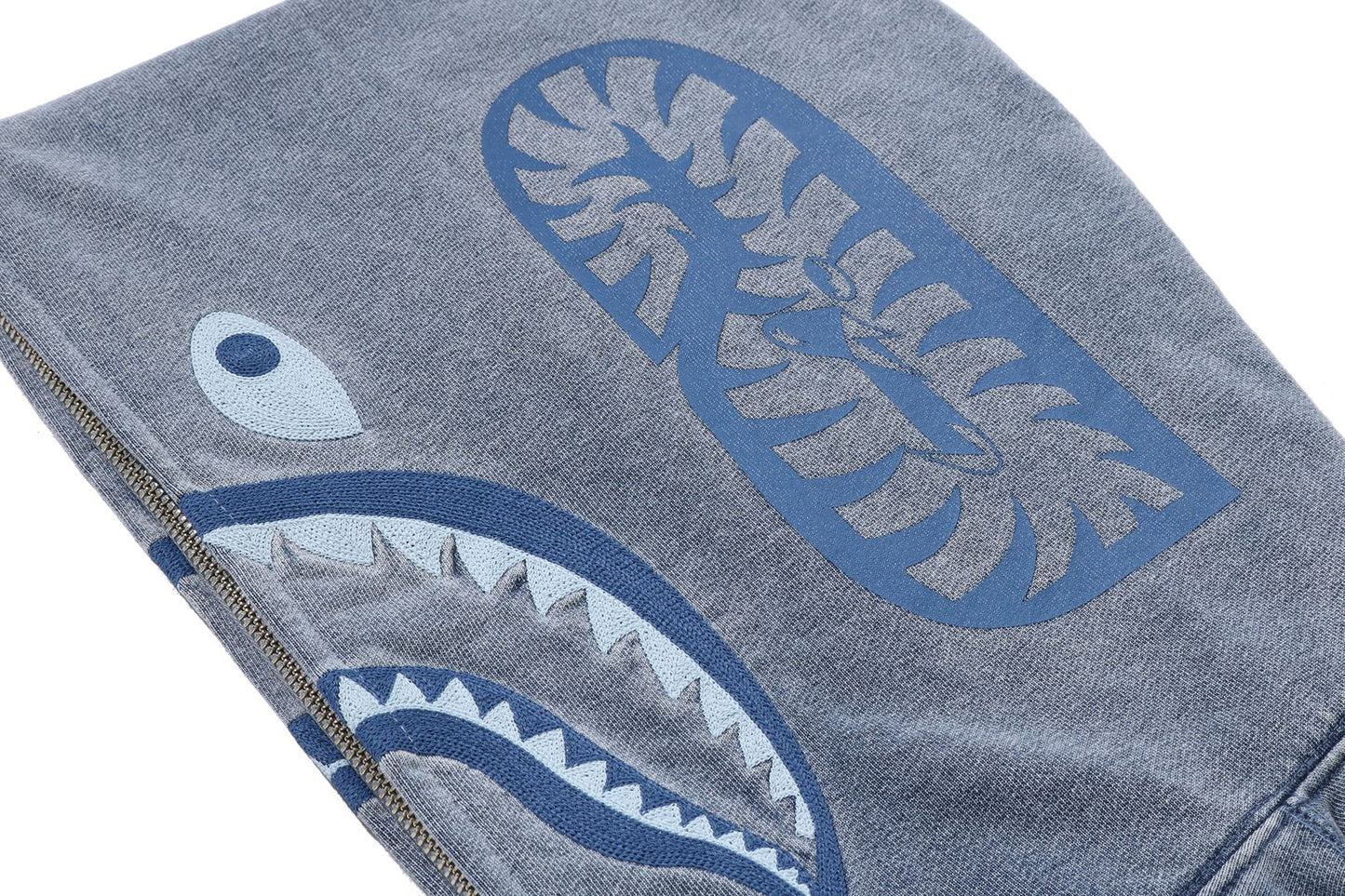 BAPE HEAVY WASHED INDIGO SHARK CROPPED FULL ZIP HOODIE