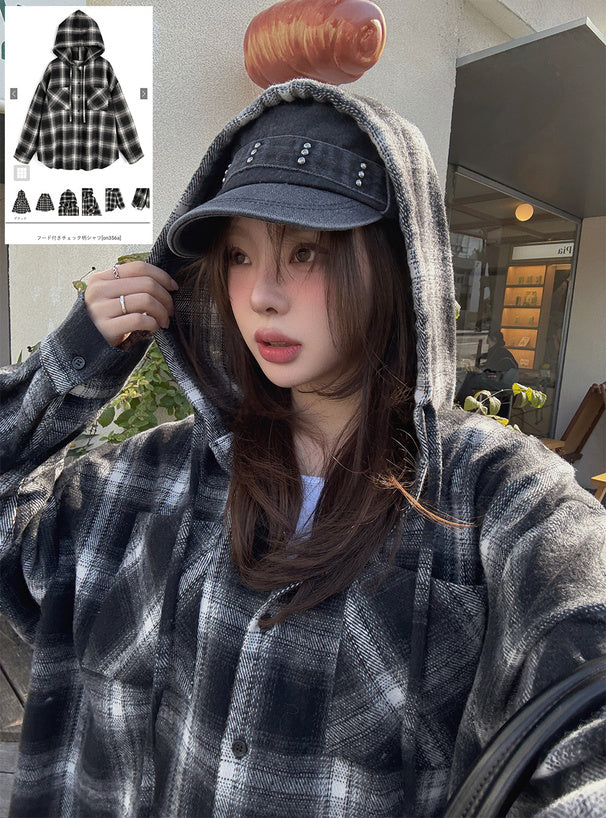 日本代購｜GRL 襯衫 - 藍色格紋連帽襯衫｜GRL