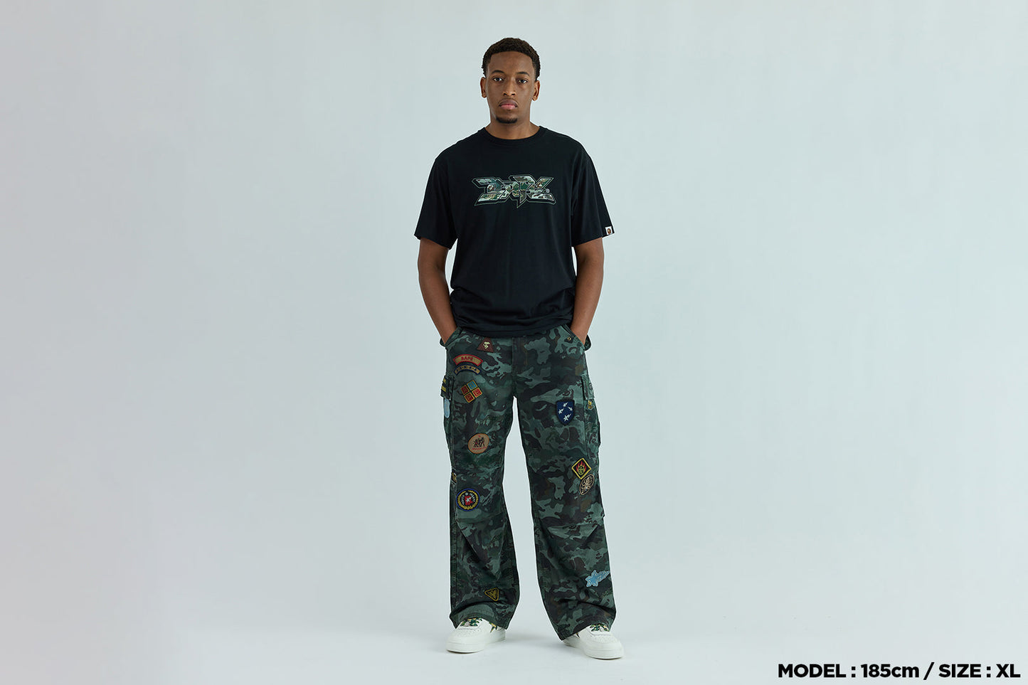 BAPE HYBRID CAMO MULTI BADGE CARGO PANTS
