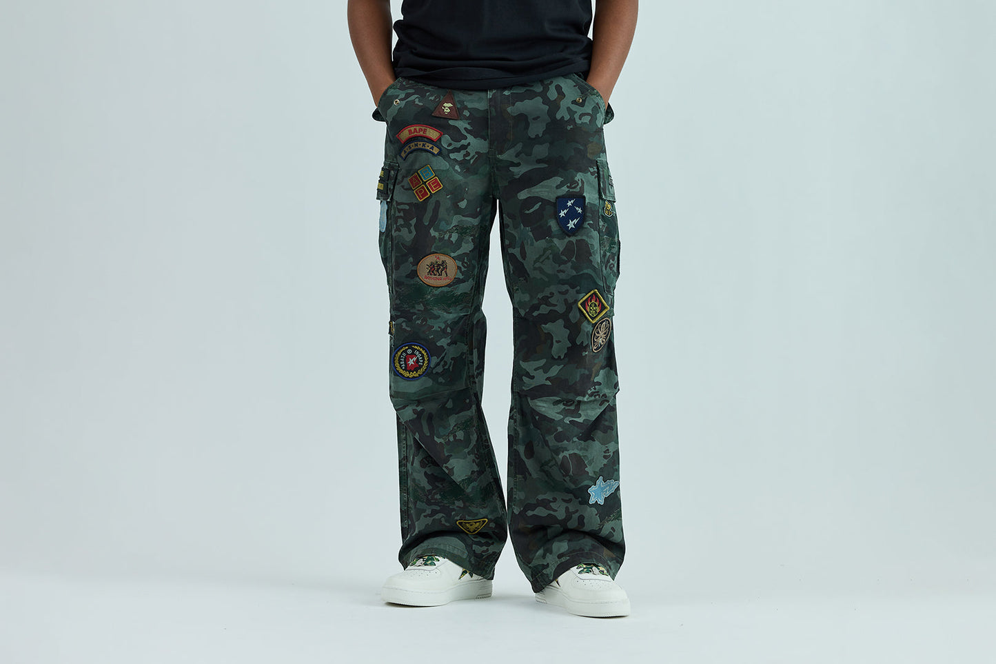 BAPE HYBRID CAMO MULTI BADGE CARGO PANTS