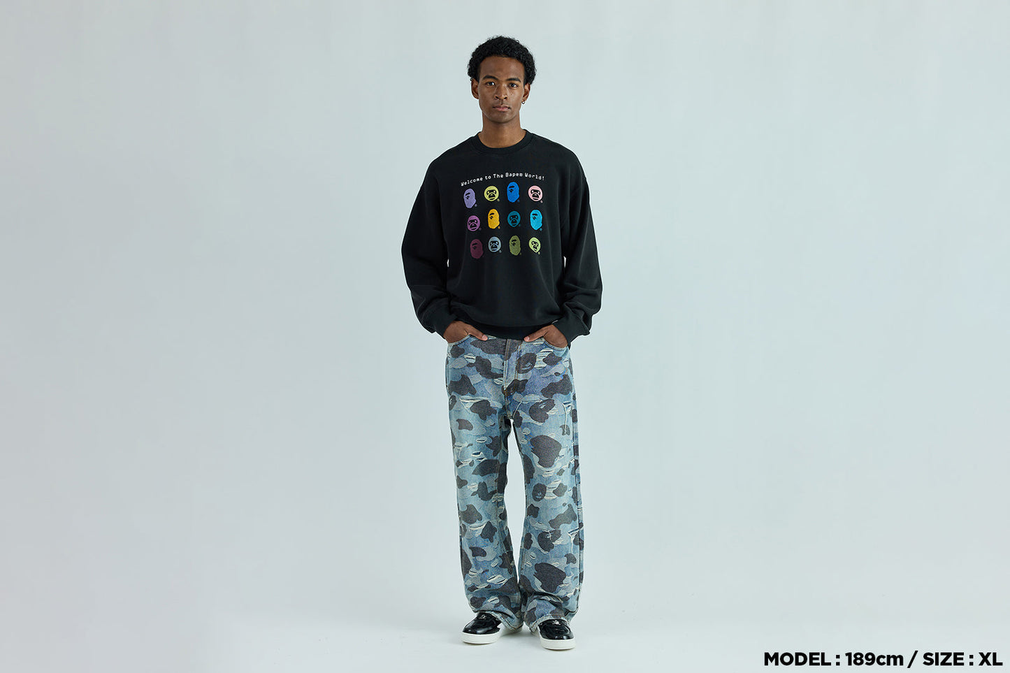 BAPE HEAVY WASHED MULTI MILO LOGO RELAXED FIT CREWNECK SWEATSHIRT
