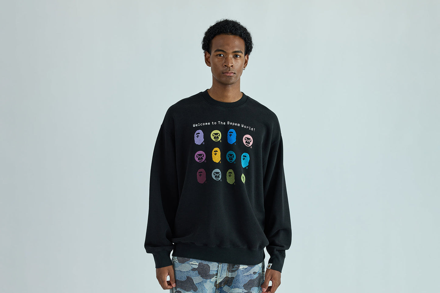 BAPE HEAVY WASHED MULTI MILO LOGO RELAXED FIT CREWNECK SWEATSHIRT