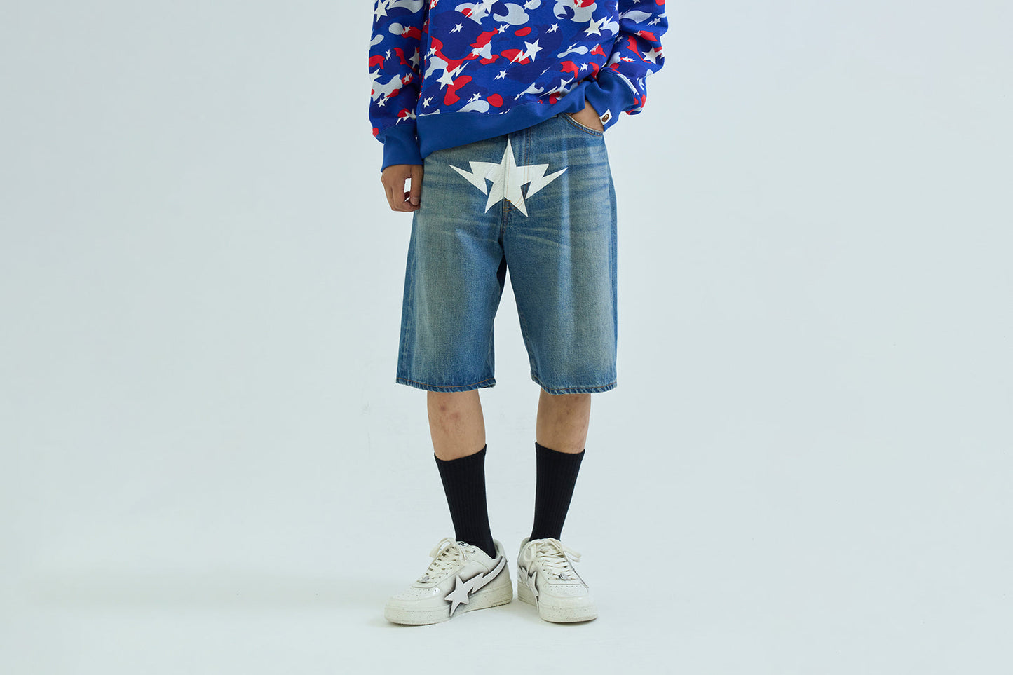 BAPE TWIN STA 膝長自織牛仔短褲