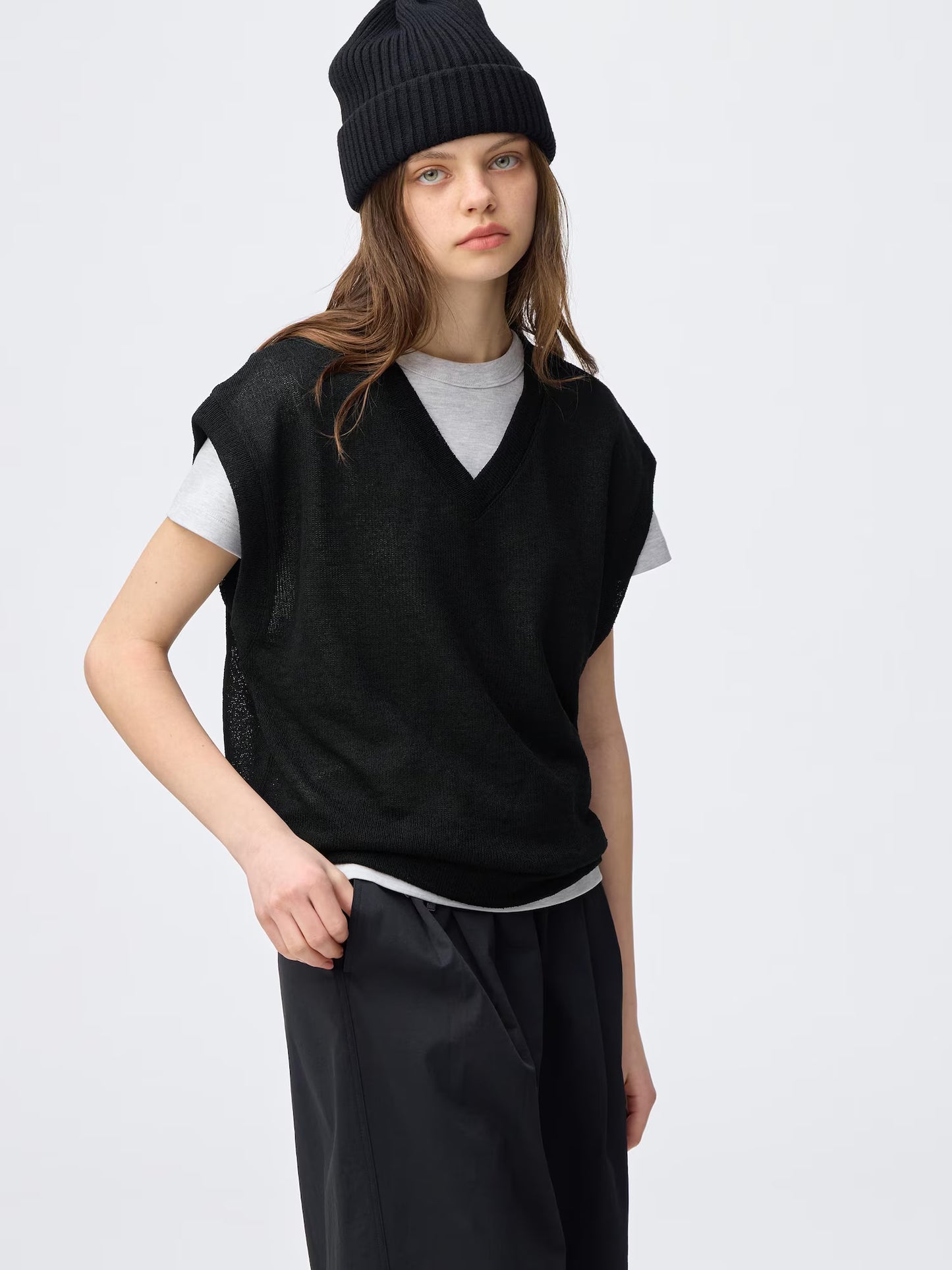 日本代購｜GU T恤 - ループヤーンV領T恤【OFF WHITE / L】｜GU