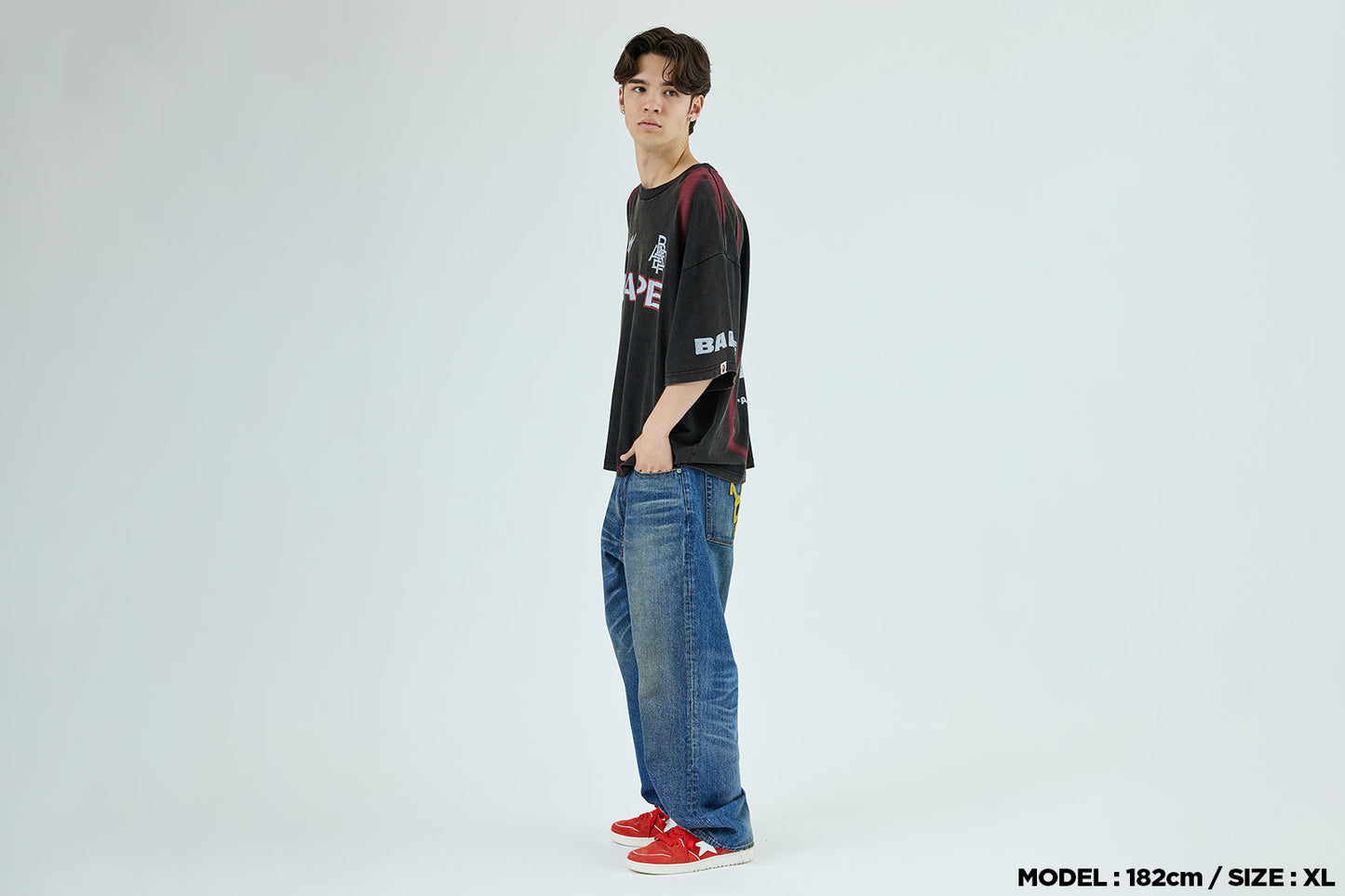 BAPE HEAVY WASH HAND DRAW FOOTBALL MULTI LOGO RELAXED FIT TEE