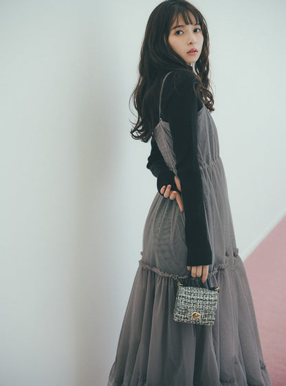 日本代購｜GRL チュールティアードワンピース×ニットワンピースセットアップ[mb1571]【グレージュ / M】｜GRL