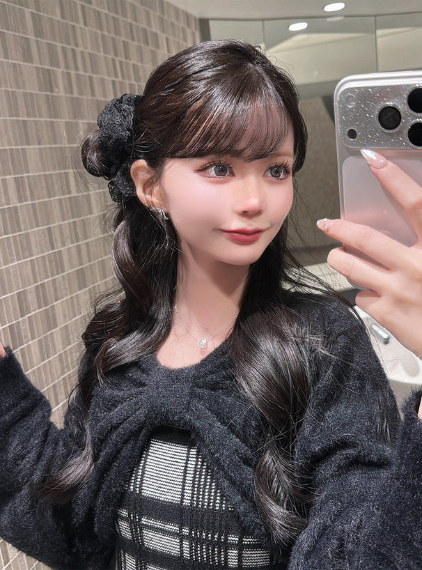 日本代購｜GRL 連身裙 - 黑色蕾絲緞帶毛絨上衣搭配格紋吊帶迷你連身裙｜GRL