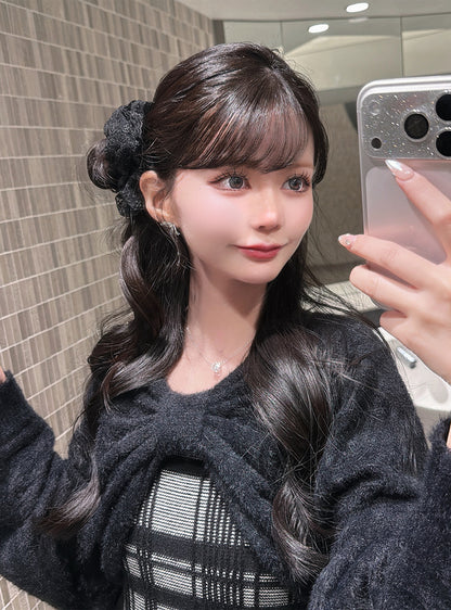 日本代購｜GRL 連身裙 - 黑色蕾絲緞帶毛絨上衣搭配格紋吊帶迷你連身裙｜GRL
