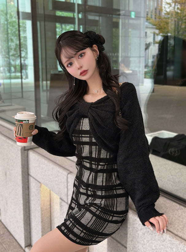 日本代購｜GRL 連身裙 - 黑色リボンシャギートップス搭配格紋吊帶迷你連身裙｜GRL