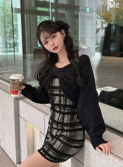 日本代購｜GRL 連身裙 - 黑色リボンシャギートップス搭配格紋吊帶迷你連身裙｜GRL