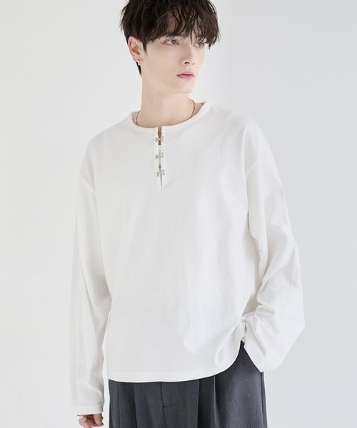 日本代購｜LILL LILL（リル） ヘンリーネック tシャツ シルバーパーツヘビーウエイトコットンヘンリーネックロングスリーブカットソー メンズ レディース【ブラック / XL】｜ZOZOTOWN
