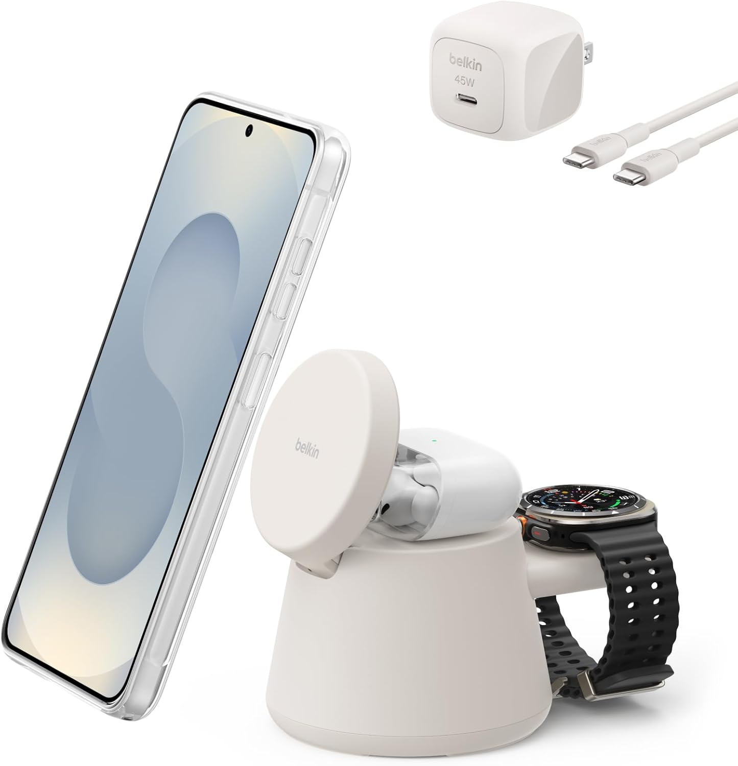 日本代購｜Belkin 【Amazon.co.jp限定】Belkin Qi2认证 25W 3合1 无线充电支架 Samsung Galaxy S26 / Google pixel 10 适用 智能手机、耳机同时充电 智能手表支架 USB-C 10W(手表充电器另售/BYOP)沙 WIZ052dqSA-A｜Amazon JP