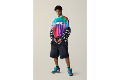 BAPE TIE DYE STA STRIPE PATTERN RELAXED FIT FOOTBALL JERSEY TEE