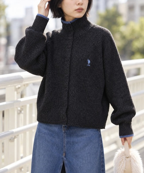 日本代購｜U.S. POLO ASSN. U.S. POLO ASSN.（ユーエスポロアッスン） カーディガン 別注 ロゴ刺繍 配色ライン ハイネックニットカーディガン レディース【ライトグレー / L】｜ZOZOTOWN