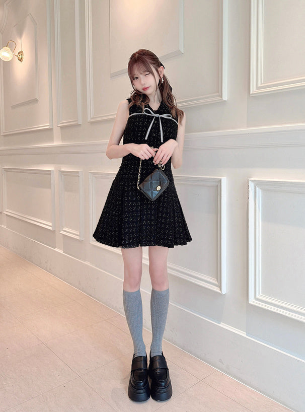 日本代購｜GRL 配色リボンツイードノースリーブプリーツミニワンピース[pm779]【アイボリー / M】｜GRL