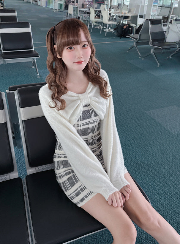 日本代購｜GRL 連身裙 - 黑色リボンシャギートップス搭配格紋吊帶迷你連身裙｜GRL