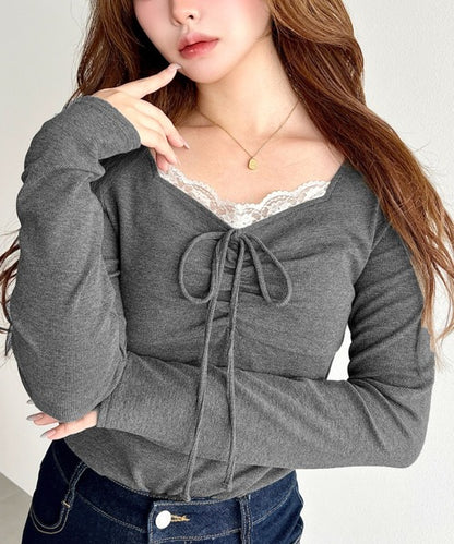 日本代購｜moment+ moment+ tシャツ 「累計販売枚数3万枚突破！」無地×ドット×花柄フロントレースギャザーリボン長袖トップス レディース【ホワイト系その他 / M】｜ZOZOTOWN