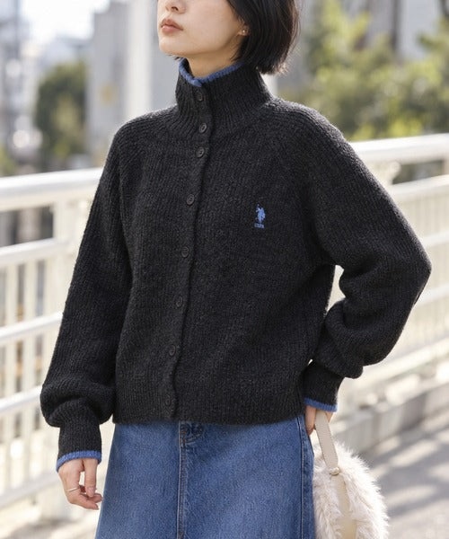 日本代購｜U.S. POLO ASSN. U.S. POLO ASSN.（ユーエスポロアッスン） カーディガン 別注 ロゴ刺繍 配色ライン ハイネックニットカーディガン レディース【ライトグレー / L】｜ZOZOTOWN