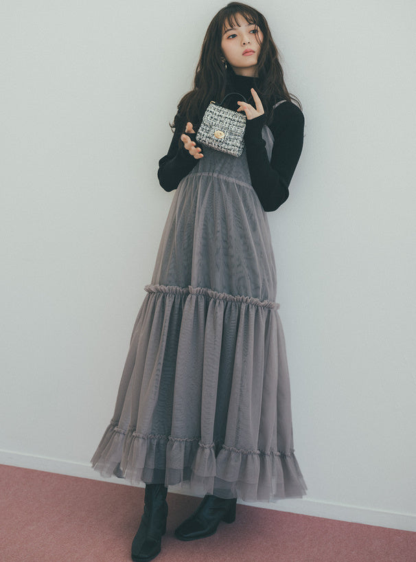 日本代購｜GRL チュールティアードワンピース×ニットワンピースセットアップ[mb1571]【グレージュ / M】｜GRL