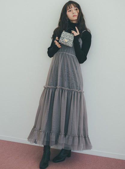 日本代購｜GRL チュールティアードワンピース×ニットワンピースセットアップ[mb1571]【グレージュ / M】｜GRL