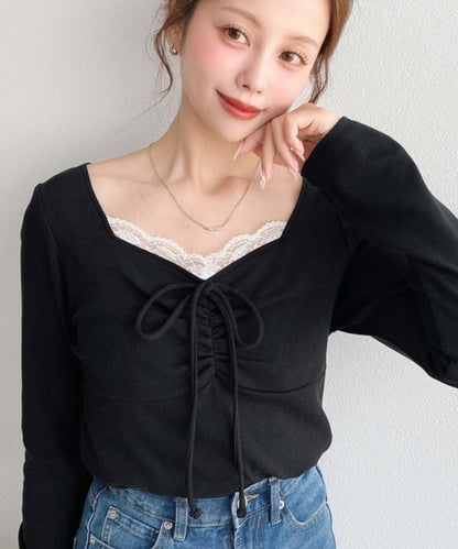 日本代購｜moment+ moment+ tシャツ 「累計販売枚数3万枚突破！」無地×ドット×花柄フロントレースギャザーリボン長袖トップス レディース【ホワイト系その他 / M】｜ZOZOTOWN