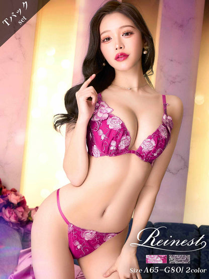日本代購｜Reinest 10/10再販!リュクスローズエンブロイダリーブラジャー&バック透けTバックショーツ【ピンク / D75/ｼｮｰﾂM】｜Reinest