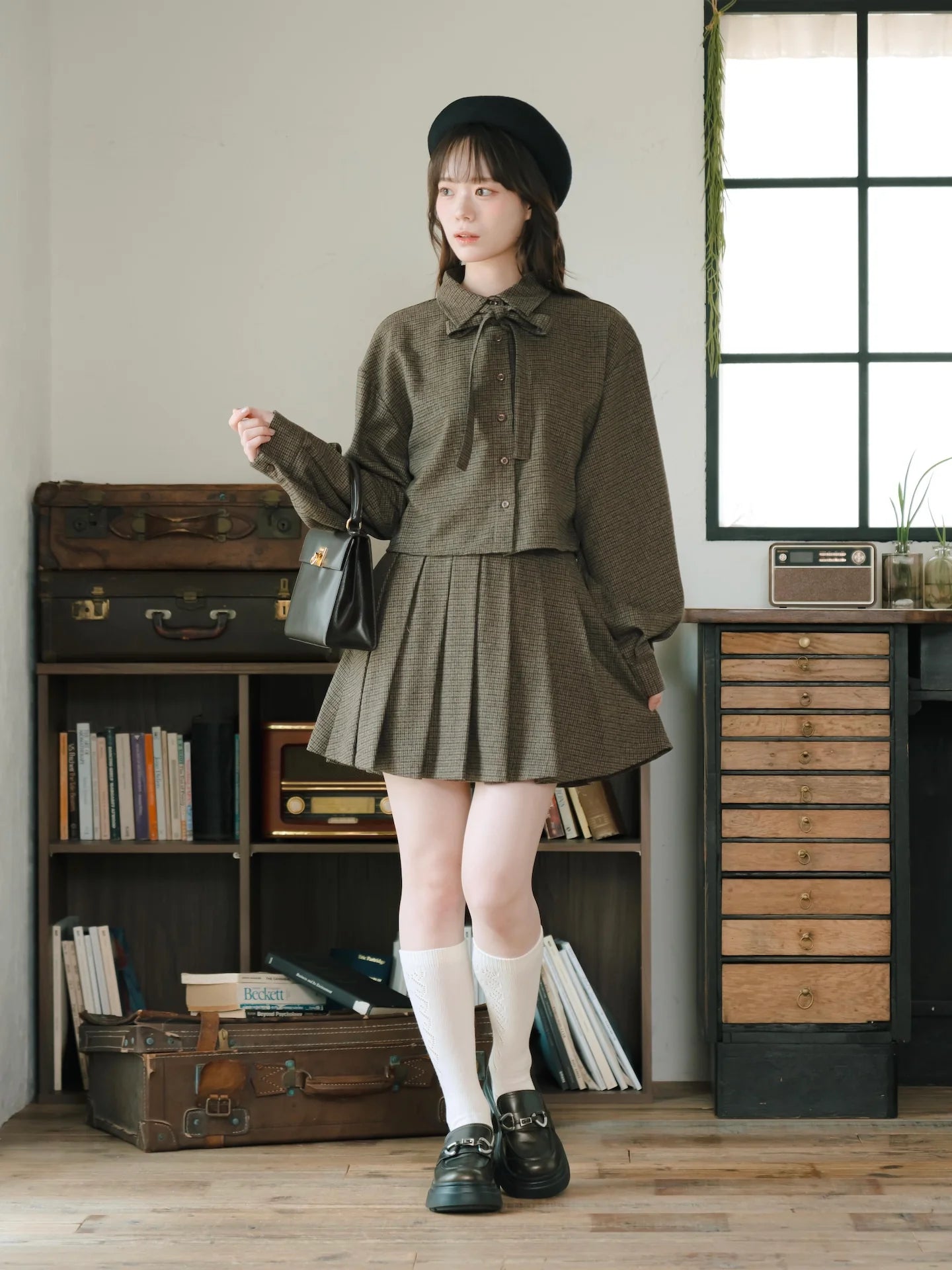 日本代購｜mero boutique 2018 套裝 - チェックリボン套裝【棕色】｜mero boutique 2018