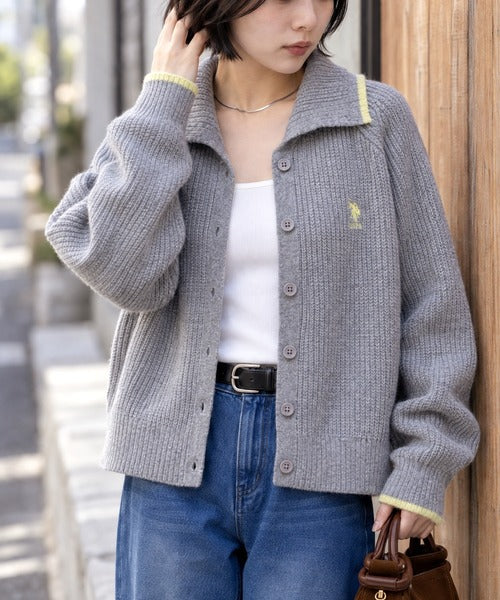 日本代購｜U.S. POLO ASSN. U.S. POLO ASSN.（ユーエスポロアッスン） カーディガン 別注 ロゴ刺繍 配色ライン ハイネックニットカーディガン レディース【ライトグレー / L】｜ZOZOTOWN